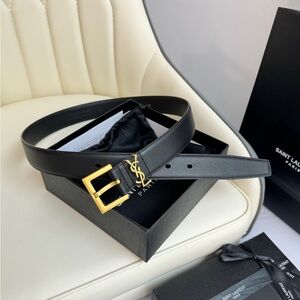 Saint Laurent Black Leather Belt with Gold YSL Logo and Buckle